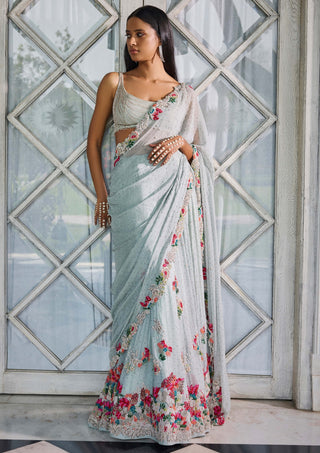 Dusty Blue Chiffon Lehenga Sari Set by Dolly J available on Indiaspopup.com