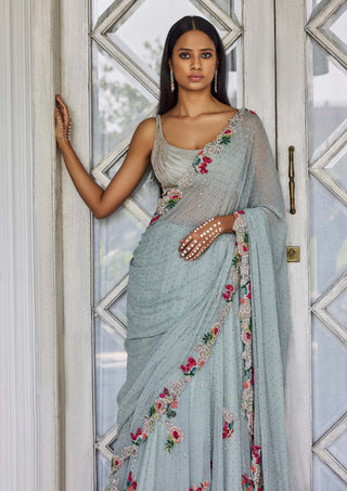 Dusty Blue Chiffon Lehenga Sari Set by Dolly J available on Indiaspopup.com