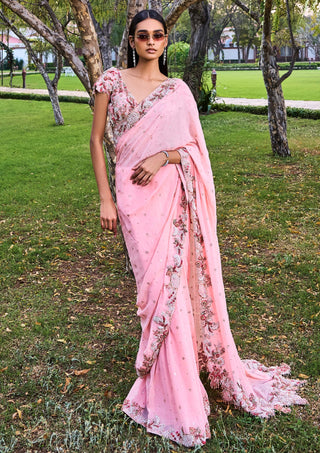 Rose Pink Chiffon Kamdani Sari And Blouse by Dolly J available on Indiaspopup.com