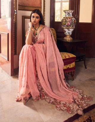 Rose Pink Chiffon Kamdani Sari And Blouse by Dolly J available on Indiaspopup.com