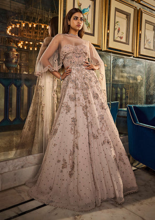Smoked Ivory Chiffon Kamdani Anarkali And Dupatta by Dolly J available on Indiaspopup.com