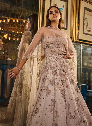 Smoked Ivory Chiffon Kamdani Anarkali And Dupatta by Dolly J available on Indiaspopup.com