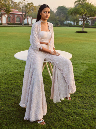 Offwhite Chikankari Jacket And Sharara Set by Dolly J available on Indiaspopup.com