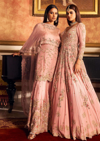 Rose Pink Chiffon Bridal Sharara Set by Dolly J available on Indiaspopup.com