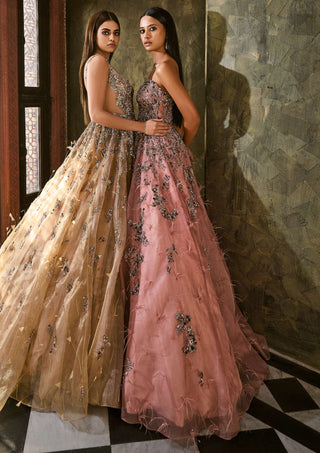 Dusty Peach Organza Gown by Dolly J available on Indiaspopup.com