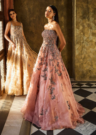 Dusty Peach Organza Gown by Dolly J available on Indiaspopup.com