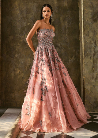 Dusty Peach Organza Gown by Dolly J available on Indiaspopup.com