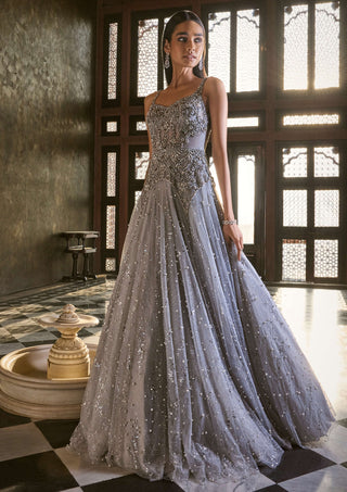 Gray Shimmer Pearl Tulle Gown by Dolly J available on Indiaspopup.com