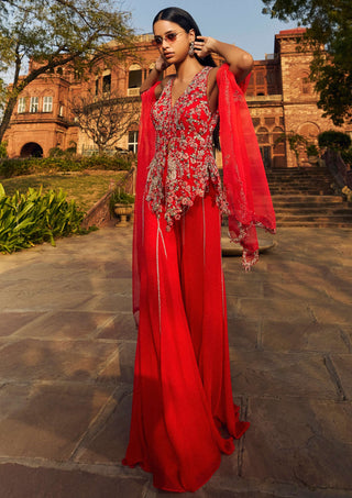 Crimson Red Chiffon Jacket And Sharara Set by Dolly J available on Indiaspopup.com