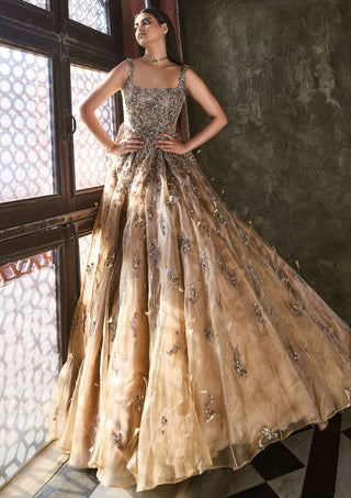 Golden Organza Bridal Gown by Dolly J available on Indiaspopup.com