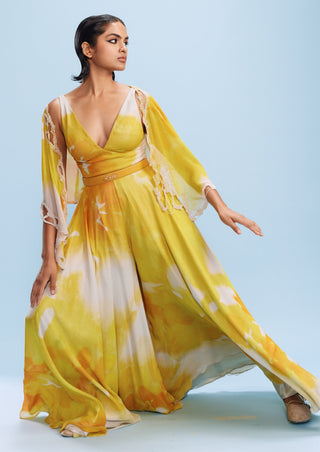 Ruya Chiffon Watercolor Jumpsuit And Cape by Dolly J, available on Indiaspopup.com