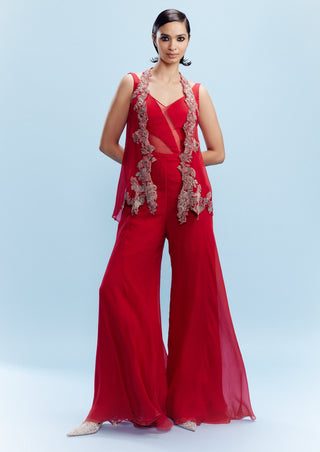 Harini Red Chiffon Jumpsuit And Shrug by Dolly J, available on Indiaspopup.com