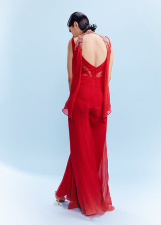 Harini Red Chiffon Jumpsuit And Shrug by Dolly J, available on Indiaspopup.com