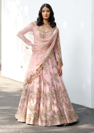 Miriam Pink Bridal Chiffon Anarkali Set by Dolly J, available on Indiaspopup.com
