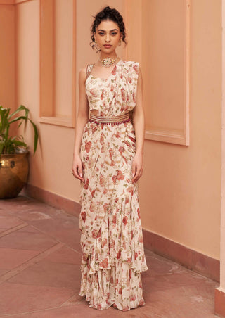 Chhavvi Aggarwal-Ivory Printed Pre-Draped Sari Set-INDIASPOPUP.COM