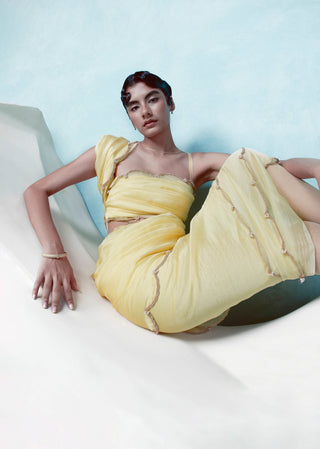 Canary Yellow Organza Sari With Unstitched Blouse by Ekaya available on Indiaspopup.com