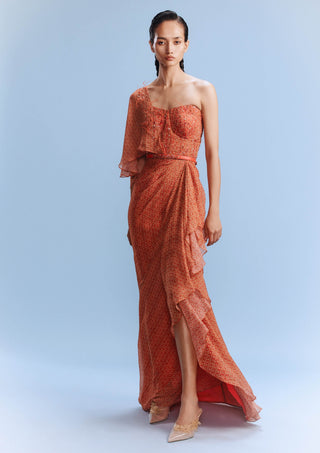Keeva Orange Printed Draped Gown by Dolly J, available on Indiaspopup.com