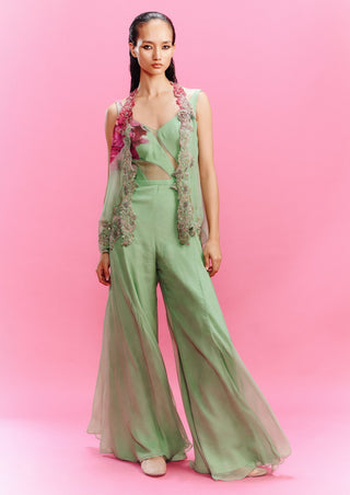Elara Chiffon Green Jumpsuit And Shrug by Dolly J, available on Indiaspopup.com
