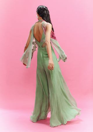 Elara Chiffon Green Jumpsuit And Shrug by Dolly J, available on Indiaspopup.com
