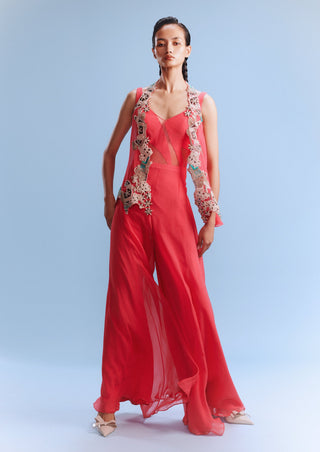 Nera Coral Chiffon Jumpsuit And Shrug by Dolly J, available on Indiaspopup.com