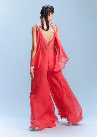 Nera Coral Chiffon Jumpsuit And Shrug by Dolly J, available on Indiaspopup.com
