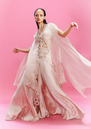 Elora Satin Peach Sharara And Cape Set by Dolly J, available on Indiaspopup.com