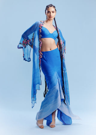 Zerya Blue Ombre Asymmetric Skirt With Bustier And Cape by Dolly J, available on Indiaspopup.com