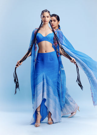 Zerya Blue Ombre Asymmetric Skirt With Bustier And Cape by Dolly J, available on Indiaspopup.com