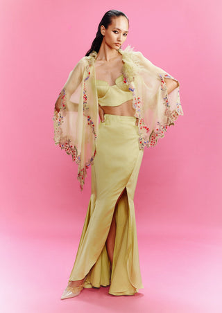 Naila Lime Skirt With Bustier And Cape by Dolly J, available on Indiaspopup.com