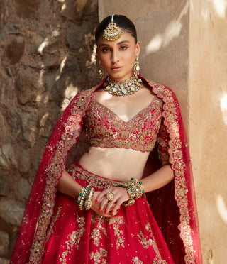 Atreyi Red Bridal Lehenga Set by Dolly J available on Indiaspopup