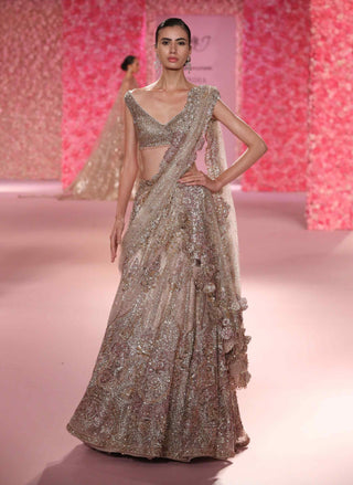 Lena Pale Gold Shimmer Tulle Lehenga Set by Dolly J, available on Indiaspopup.com