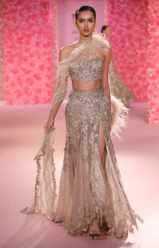 Louise Pale Gold Lehenga Set by Dolly J, available on Indiaspopup.com