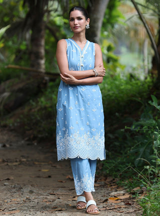 Kora blue embroidered kurta set