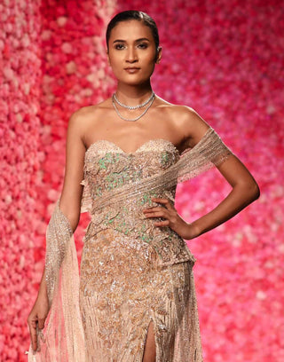 Lucie Pale Yellow Gold Gown by Dolly J, available on Indiaspopup.com