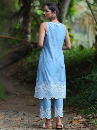 Kora blue embroidered kurta set