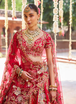 Asani Red Lehenga Set by Dolly J available on Indiaspopup