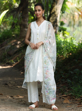 Kora stark white embroidered kurta set