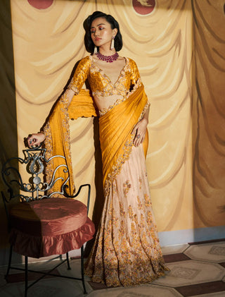 Ivory golden amaltas kalidaar sari and blouse