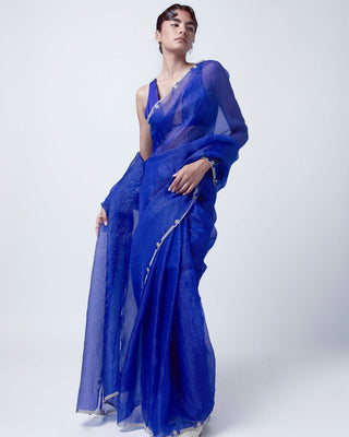 Electric Blue Organza Sari With Unstitched Blouse by Ekaya available on Indiaspopup.com