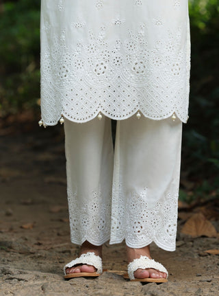 Kora stark white embroidered kurta set