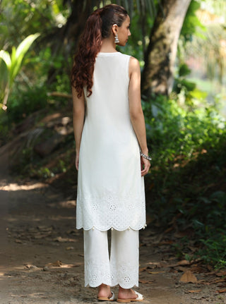 Kora stark white embroidered kurta set