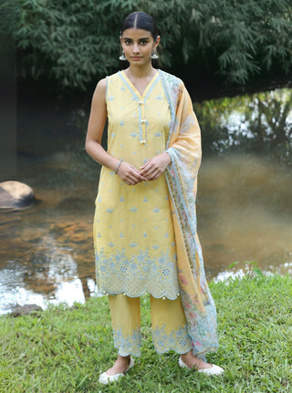 Kora yellow embroidered kurta set