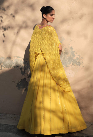 Dolly J Aurelian Yellow Cape And Lehenga Set available on indiaspopup