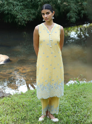 Kora yellow embroidered kurta set