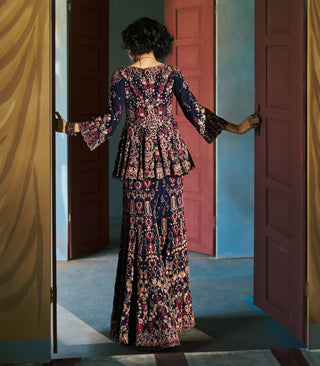 Ink blue hueden jacket kurta and flare pants