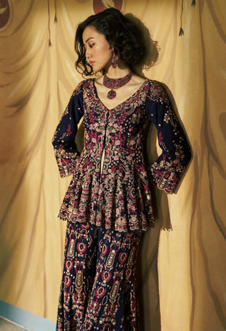 Ink blue hueden jacket kurta and flare pants