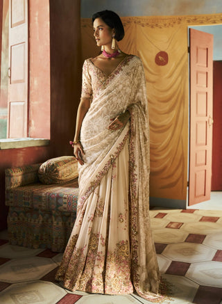 Pearl white fleurmist chikankari sari and blouse