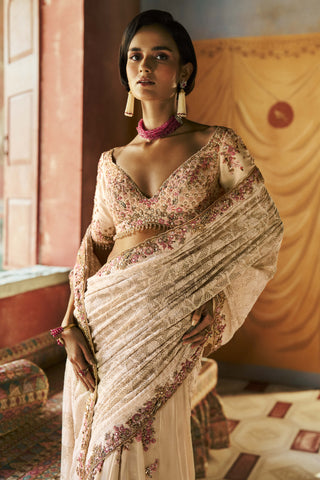 Pearl white fleurmist chikankari sari and blouse