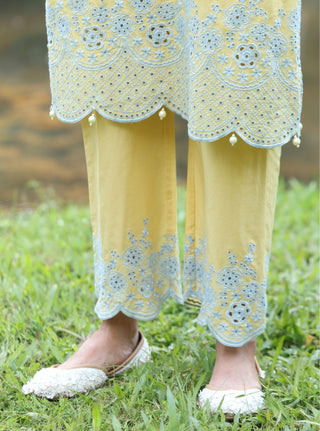 Kora yellow embroidered kurta set