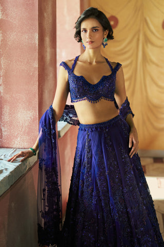 Midnight blue stellune cocktail lehenga set